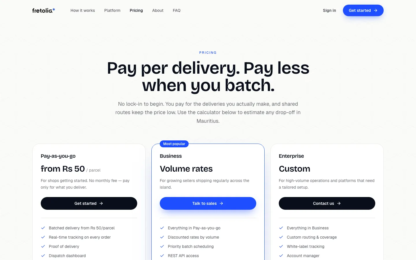 Fretolia pricing page: pay-as-you-go from Rs 50 per parcel, Business volume rates, and Enterprise custom plans