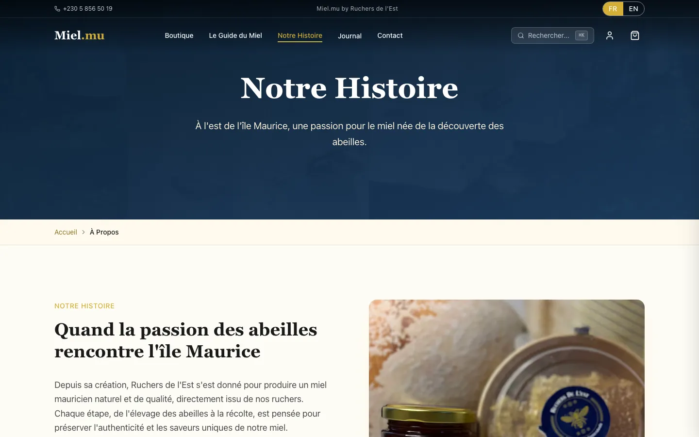 Miel.mu “Notre Histoire” page describing how Ruchers de l’Est began