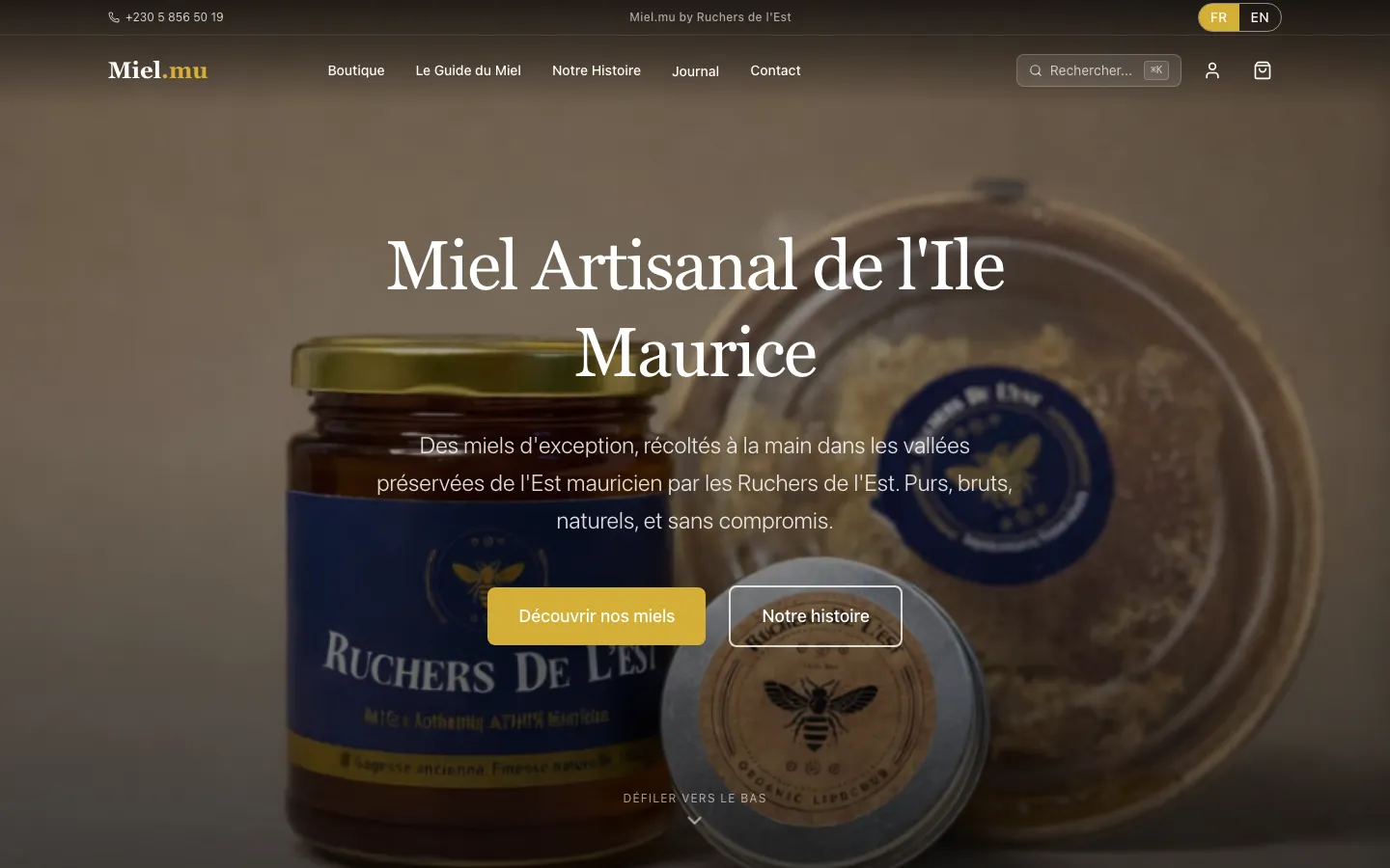 Miel.mu home page: “Miel Artisanal de l’Ile Maurice” over a photograph of a Ruchers de l’Est honey jar