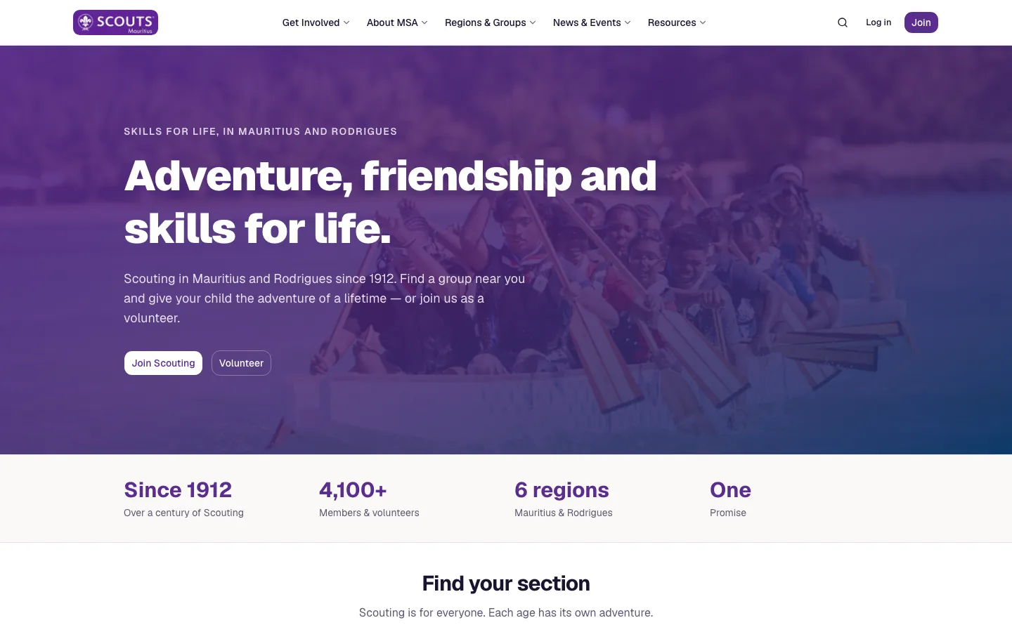Mauritius Scout Association home page: “Adventure, friendship and skills for life.” with Join Scouting and Volunteer buttons