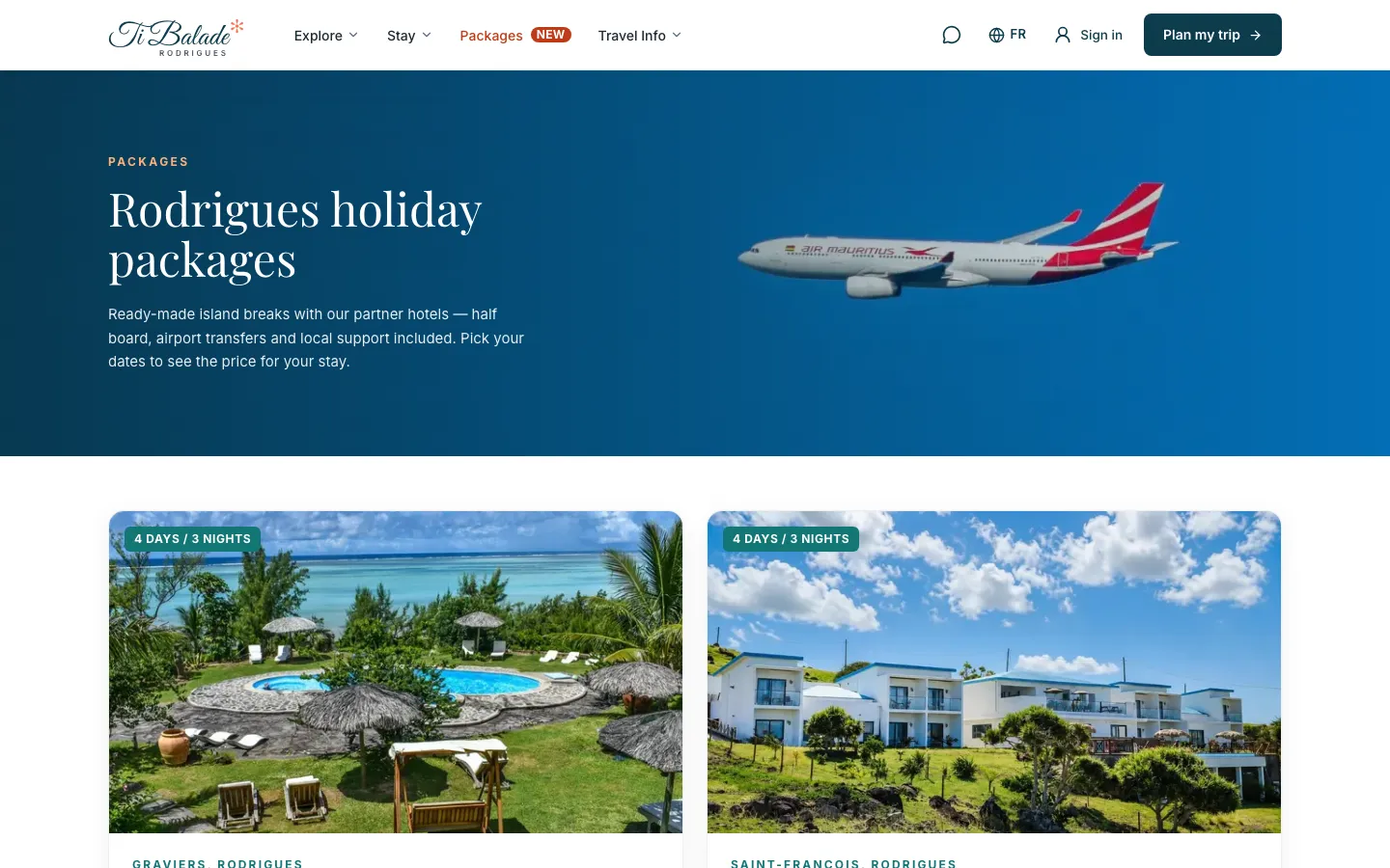 Ti Balade packages page: Rodrigues holiday packages of four days and three nights with partner hotels