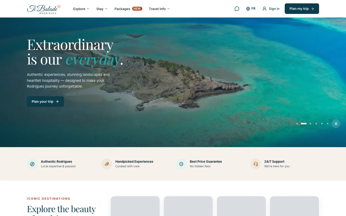 Ti Balade website home page: “Extraordinary is our everyday” over an aerial photograph of a Rodrigues islet and lagoon
